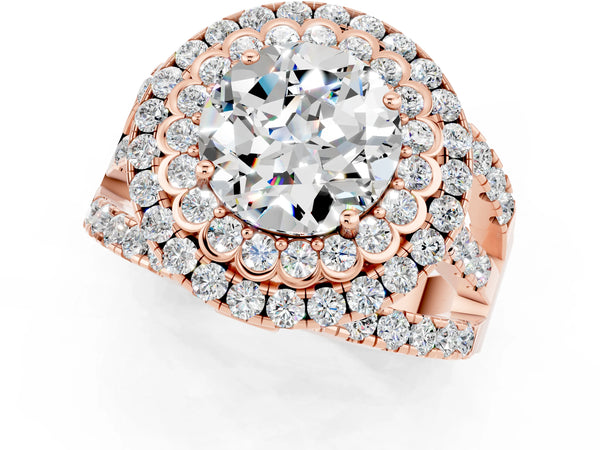 Rose gold Round Cut Moissanite Double Halo Ring with Round Pavé Split Shank and Prong Setting