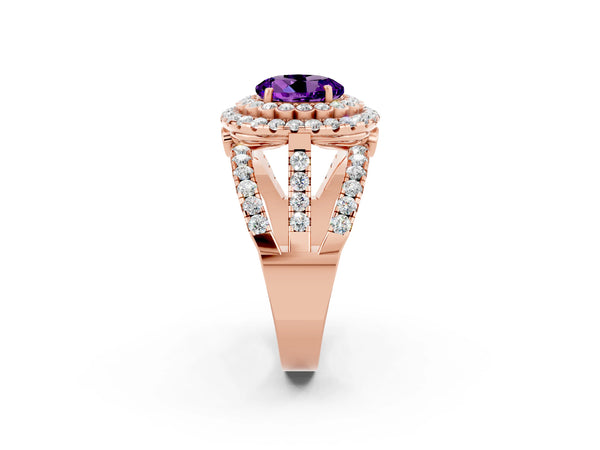 Rose gold Round Cut Amethyst Double Halo Ring with Round Pavé Split Shank and Prong Setting