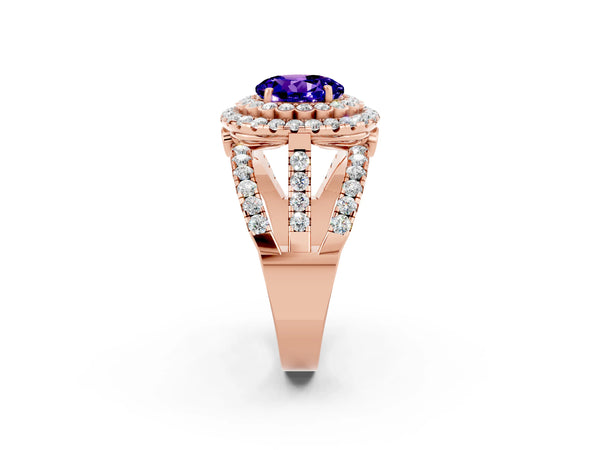 Rose gold Round Cut Tanzanite Double Halo Ring with Round Pavé Split Shank and Prong Setting