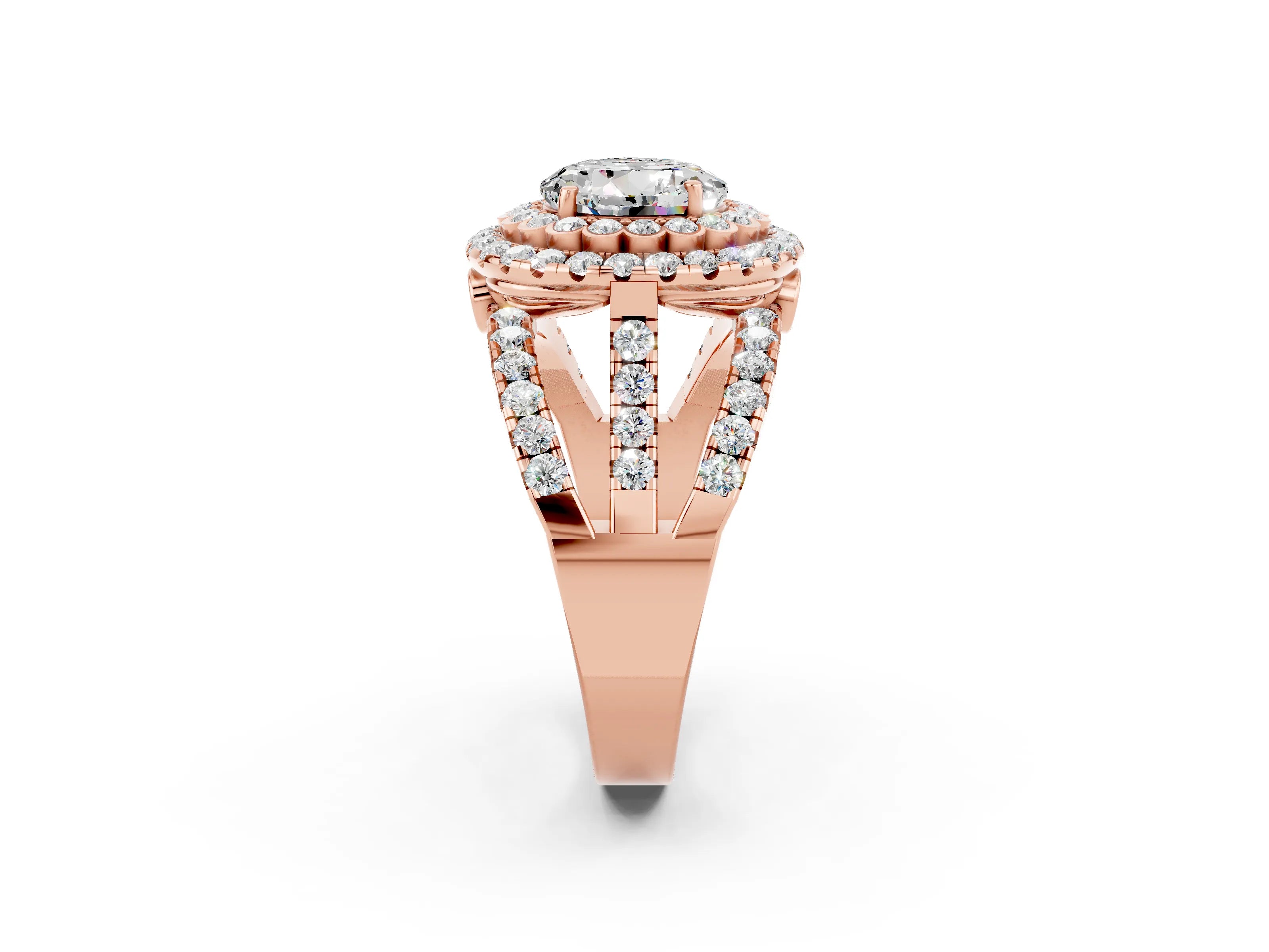 Rose gold Double Halo Round Cut Diamond Split Shank Pave Set Ring_2