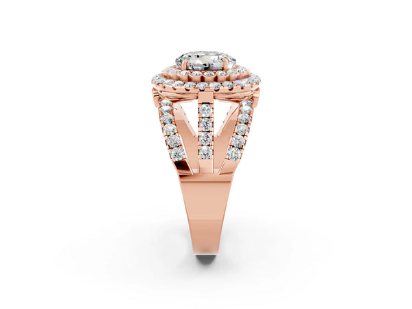 Rose gold Round Cut Moissanite Double Halo Ring with Round Pavé Split Shank and Prong Setting