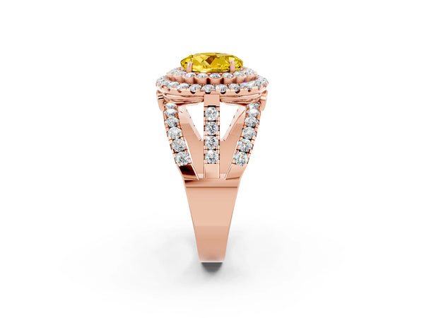 Rose gold Round Cut Yellow Sapphire Double Halo Ring with Round Pavé Split Shank and Prong Setting
