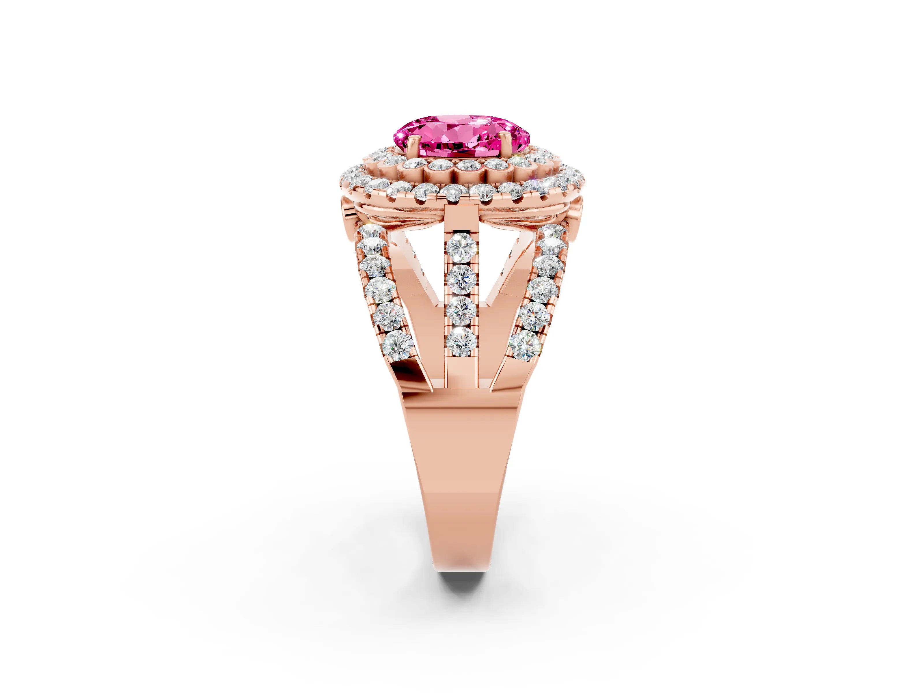 Rose gold Double Halo Round Cut Diamond Split Shank Pave Set Ring_2
