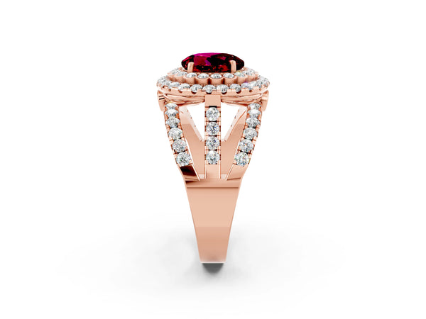 Rose gold Round Cut Garnet Double Halo Ring with Round Pavé Split Shank and Prong Setting