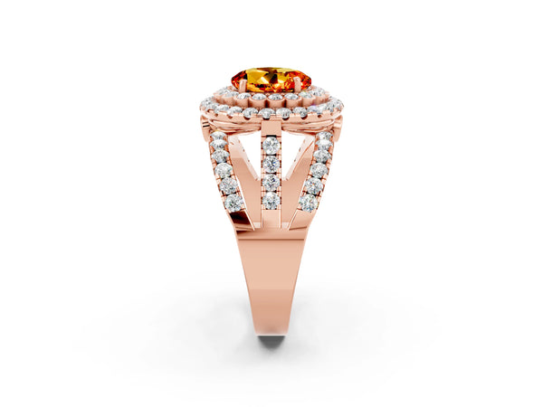 Rose gold Round Cut Citrine Double Halo Ring with Round Pavé Split Shank and Prong Setting