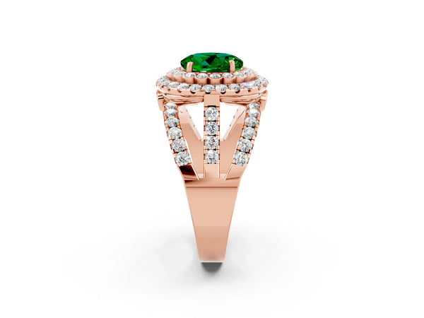 Rose gold Round Cut Emerald Double Halo Ring with Round Pavé Split Shank and Prong Setting