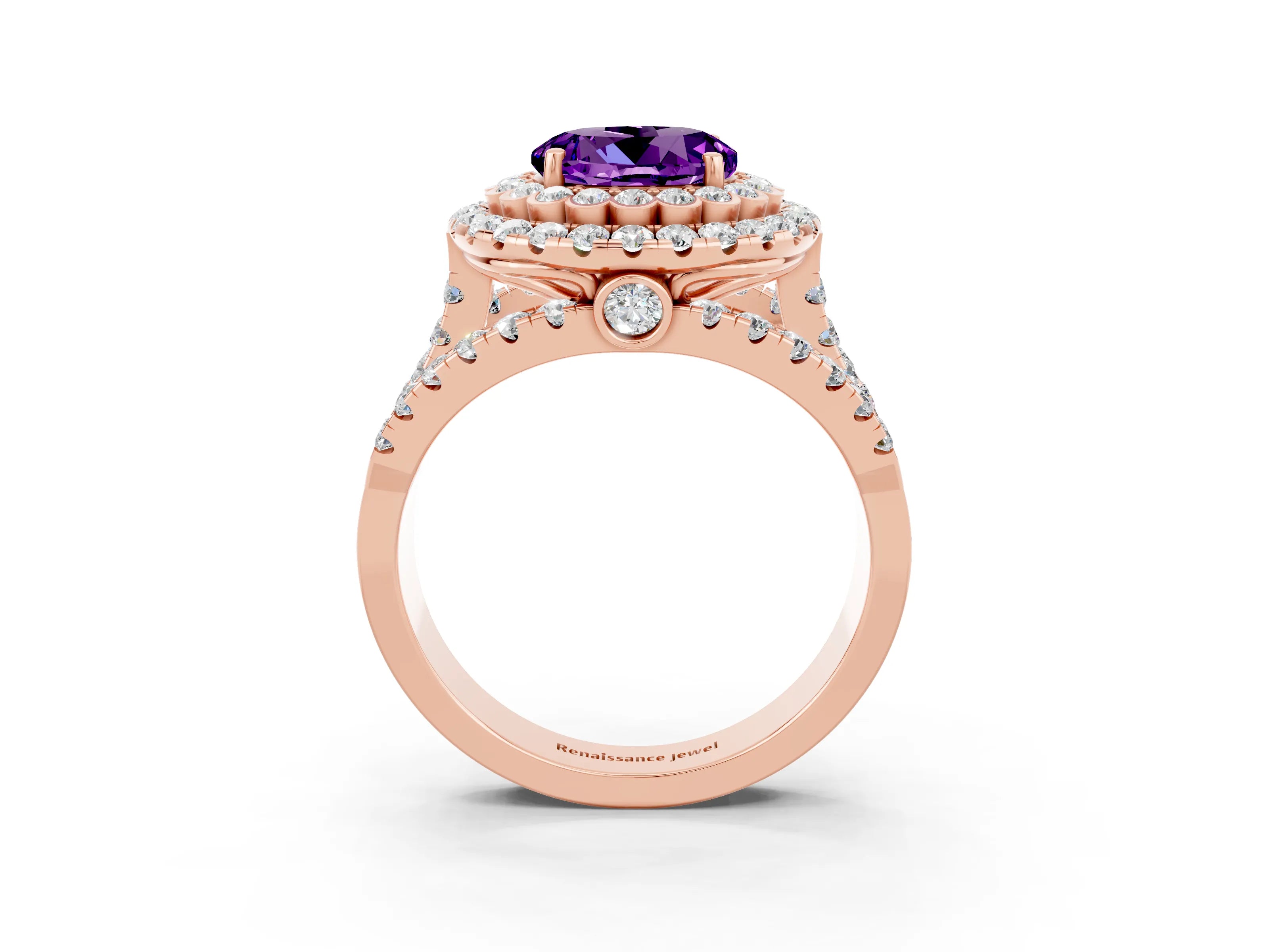Rose gold Double Halo Round Cut Diamond Split Shank Pave Set Ring_3
