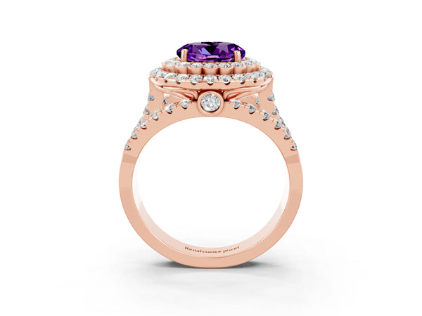 Rose gold Round Cut Amethyst Double Halo Ring with Round Pavé Split Shank and Prong Setting