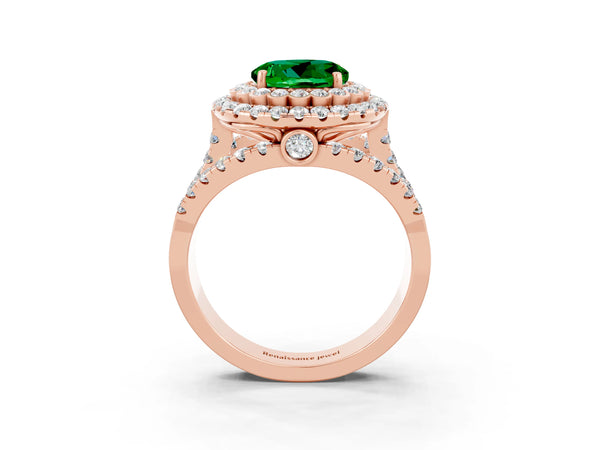 Rose gold Round Cut Emerald Double Halo Ring with Round Pavé Split Shank and Prong Setting