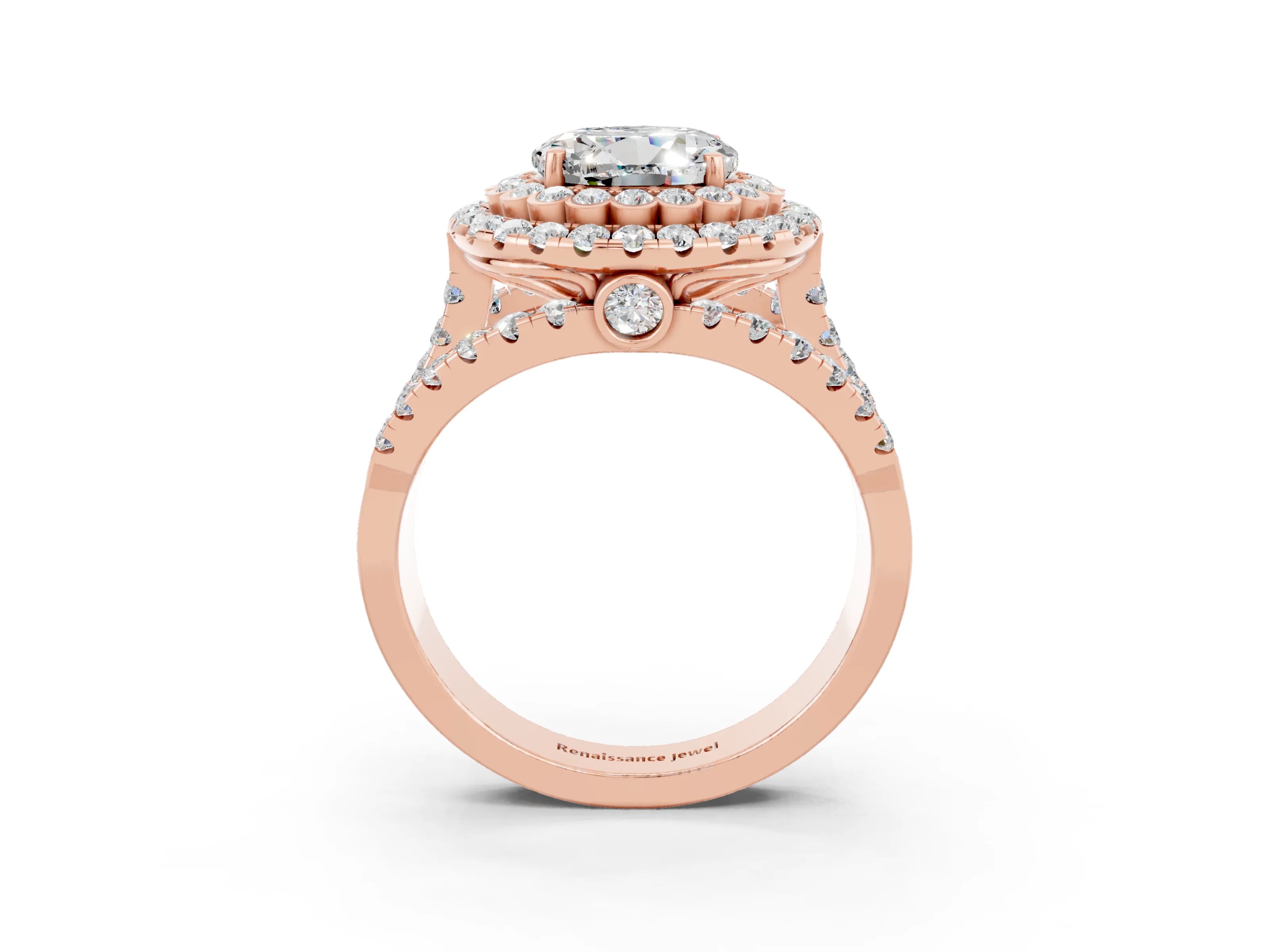 Rose gold Double Halo Round Cut Diamond Split Shank Pave Set Ring_3