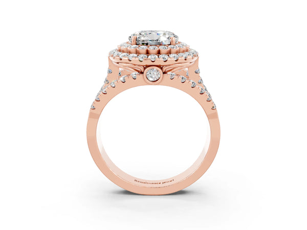 Rose gold Round Cut Moissanite Double Halo Ring with Round Pavé Split Shank and Prong Setting