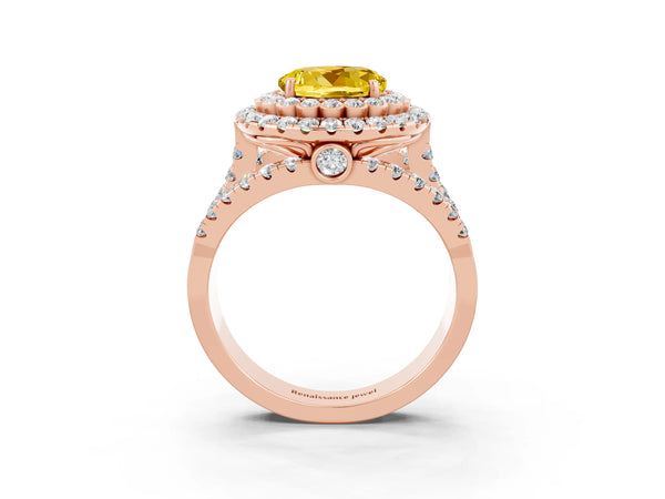 Rose gold Round Cut Yellow Sapphire Double Halo Ring with Round Pavé Split Shank and Prong Setting