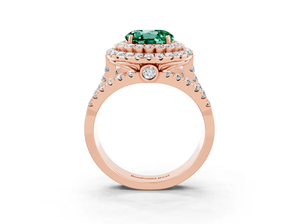 Rose gold Round Cut Green Sapphire Double Halo Ring with Round Pavé Split Shank and Prong Setting