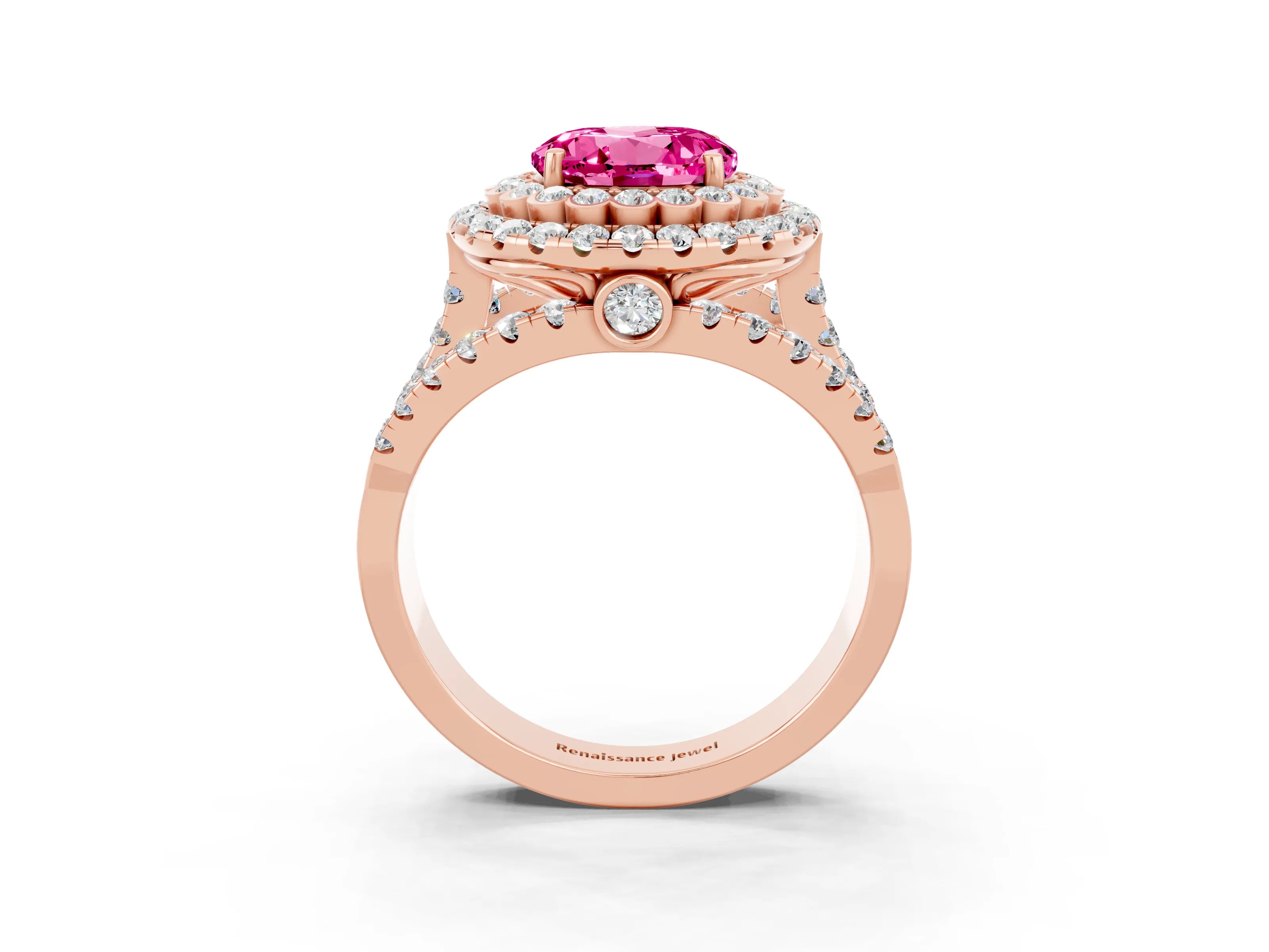 Rose gold Double Halo Round Cut Diamond Split Shank Pave Set Ring_3
