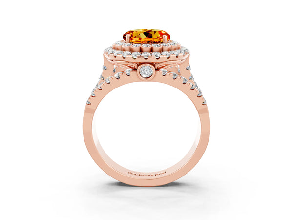 Rose gold Round Cut Citrine Double Halo Ring with Round Pavé Split Shank and Prong Setting