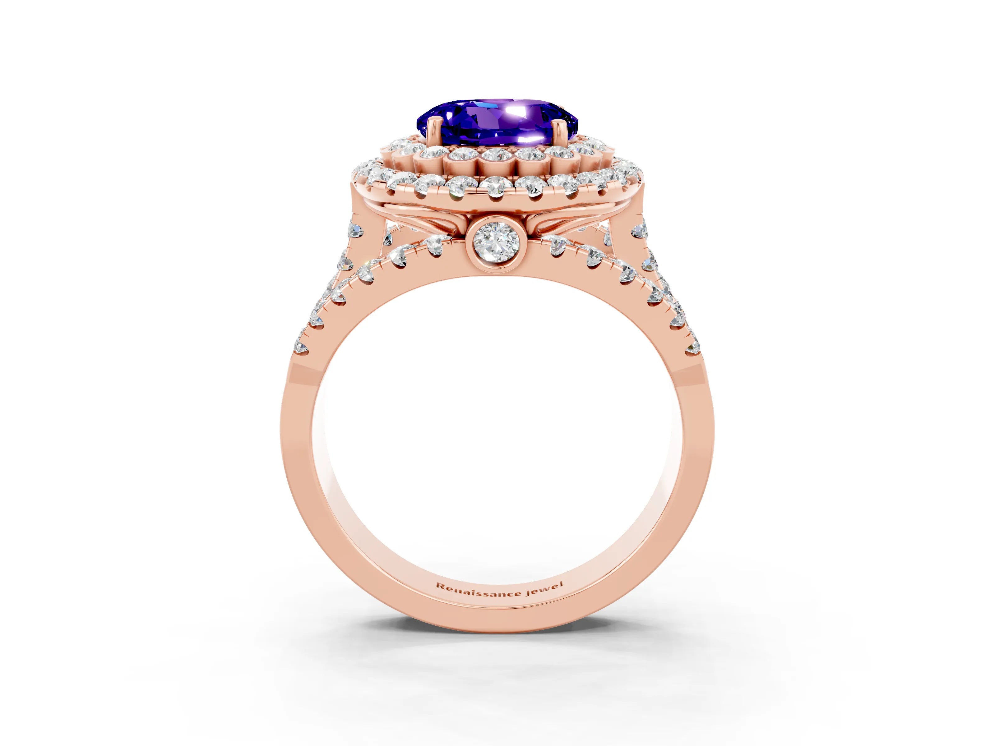Rose gold Double Halo Round Cut Diamond Split Shank Pave Set Ring_3