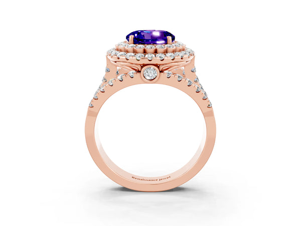 Rose gold Round Cut Tanzanite Double Halo Ring with Round Pavé Split Shank and Prong Setting