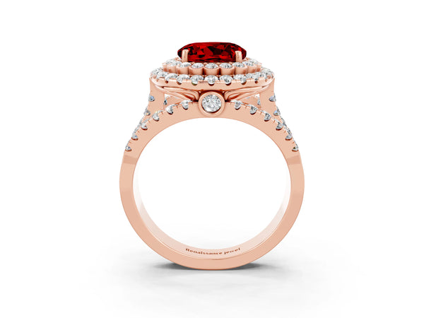 Rose gold Double Halo Round Cut Diamond Split Shank Pave Set Ring