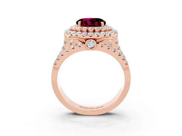 Rose gold Round Cut Garnet Double Halo Ring with Round Pavé Split Shank and Prong Setting