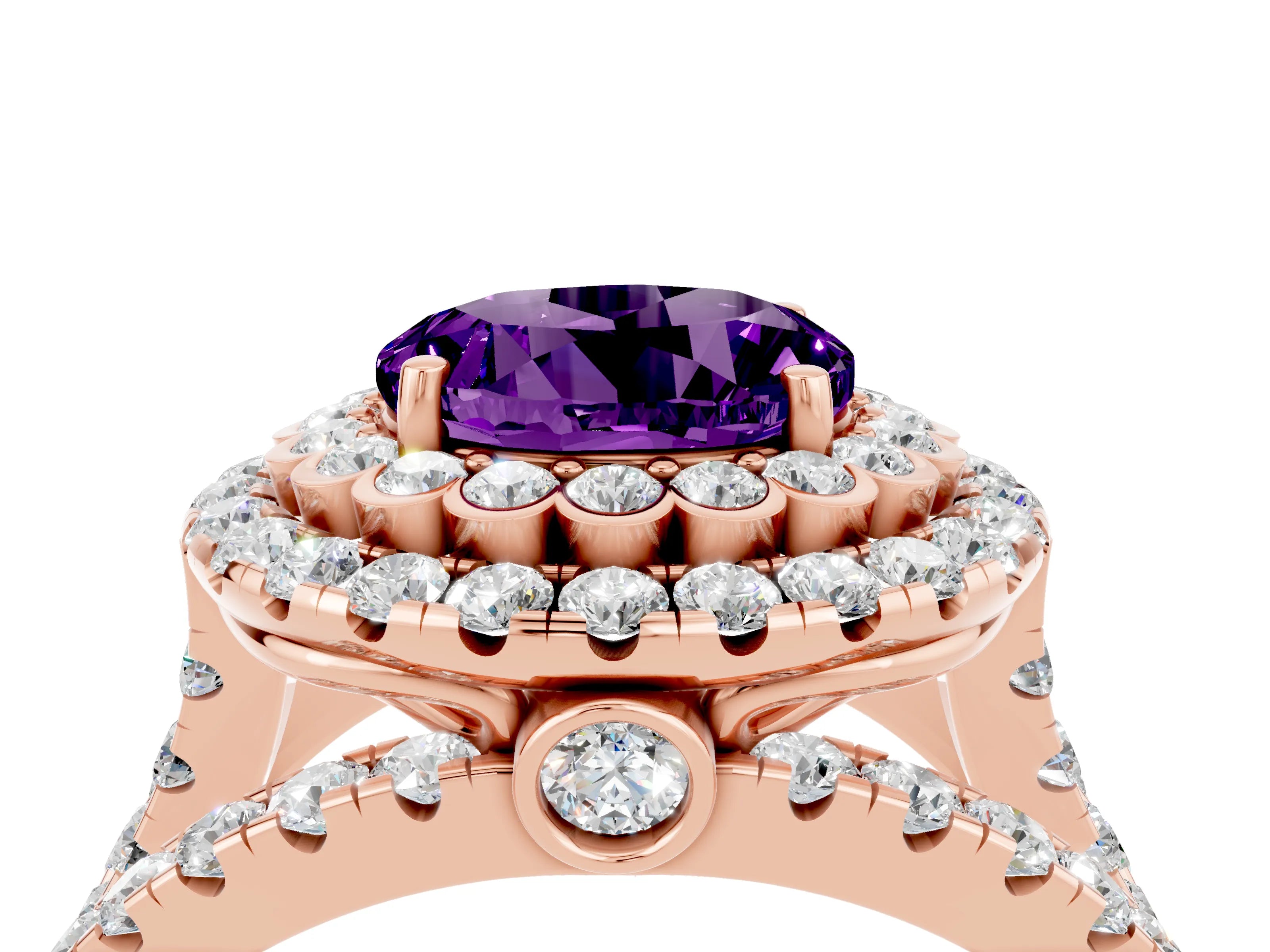 Rose gold Double Halo Round Cut Diamond Split Shank Pave Set Ring_4
