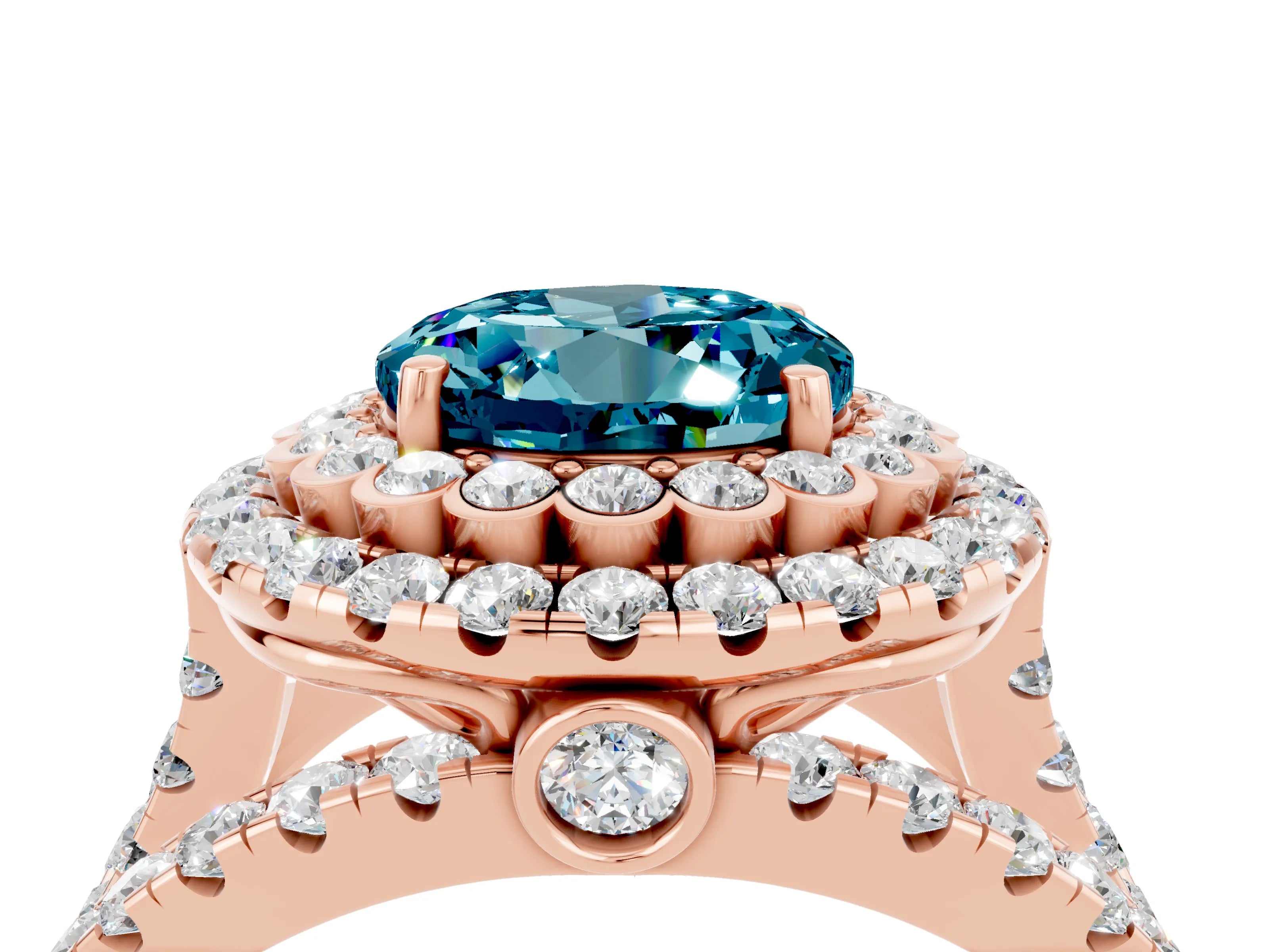 Rose gold Double Halo Round Cut Diamond Split Shank Pave Set Ring_4