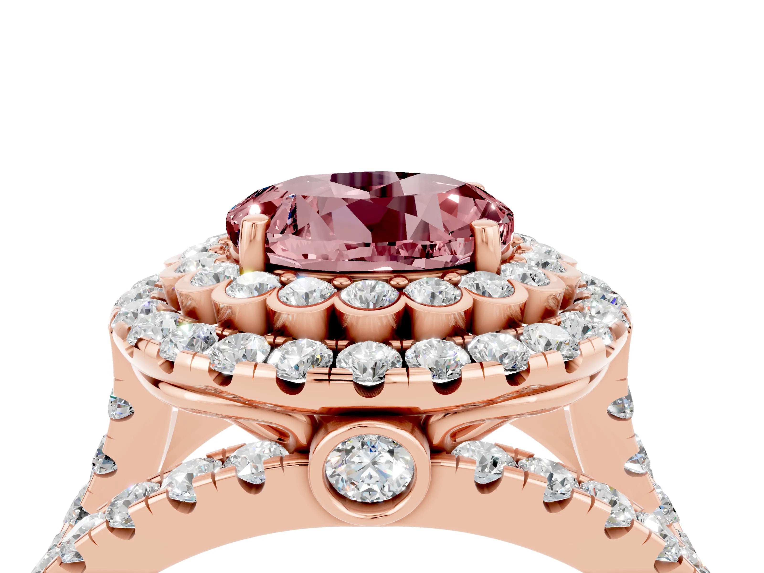 Rose gold Double Halo Round Cut Diamond Split Shank Pave Set Ring_4