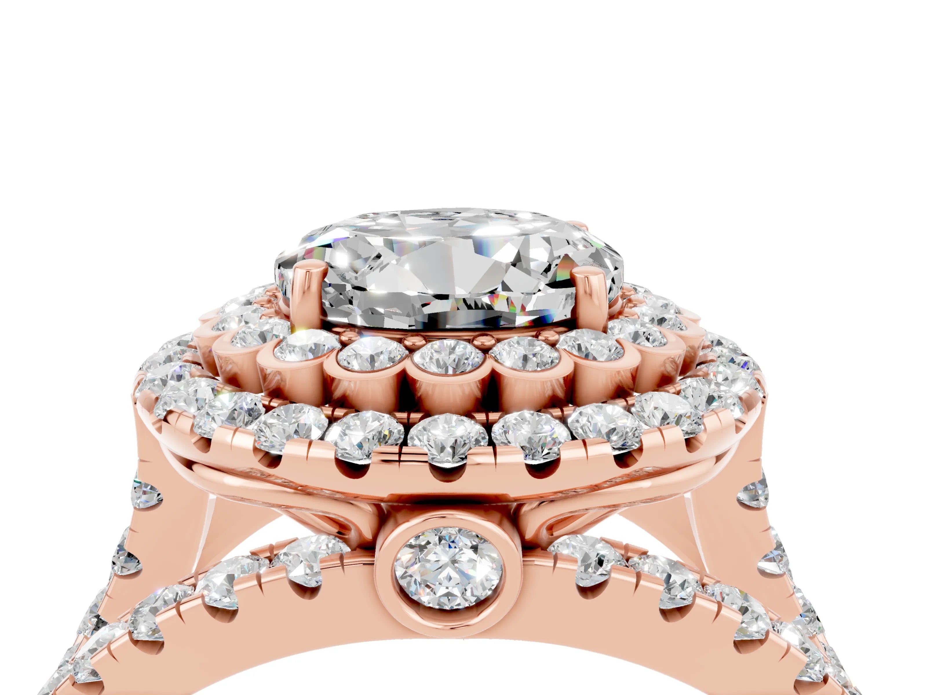 Rose gold Double Halo Round Cut Diamond Split Shank Pave Set Ring_4