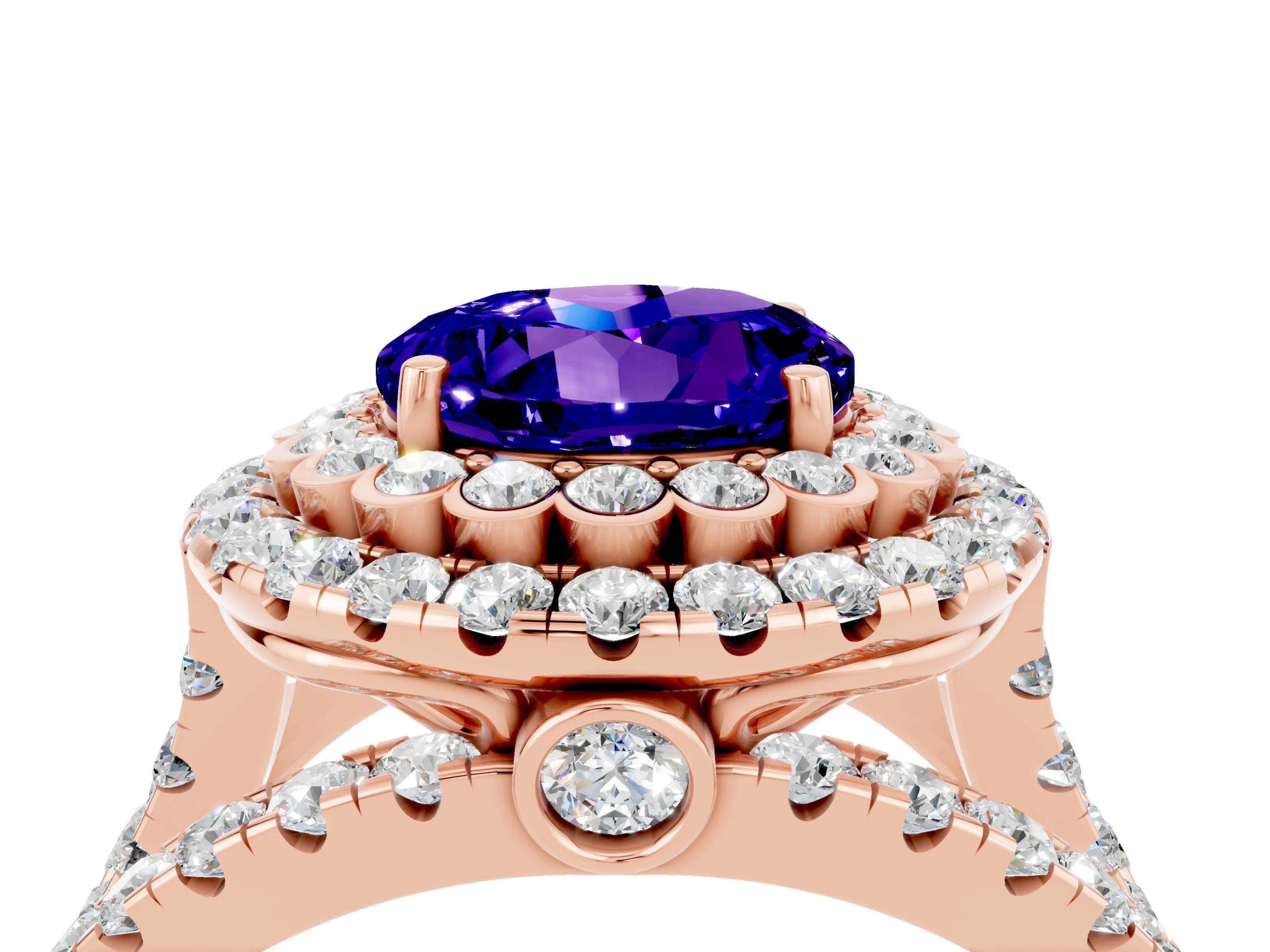 Rose gold Double Halo Round Cut Diamond Split Shank Pave Set Ring_4