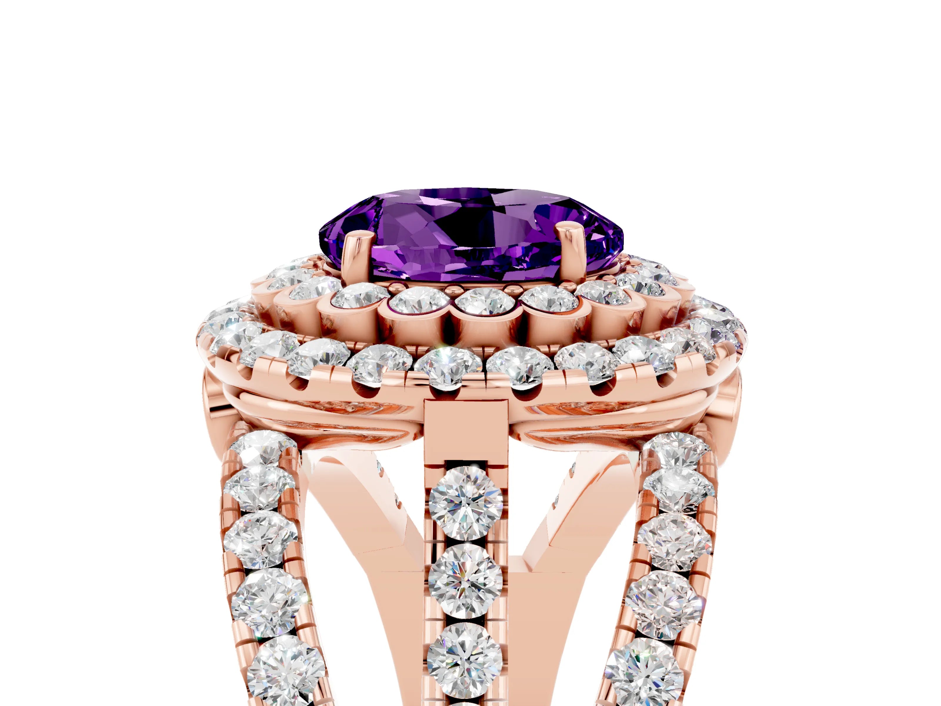 Rose gold Double Halo Round Cut Diamond Split Shank Pave Set Ring_5
