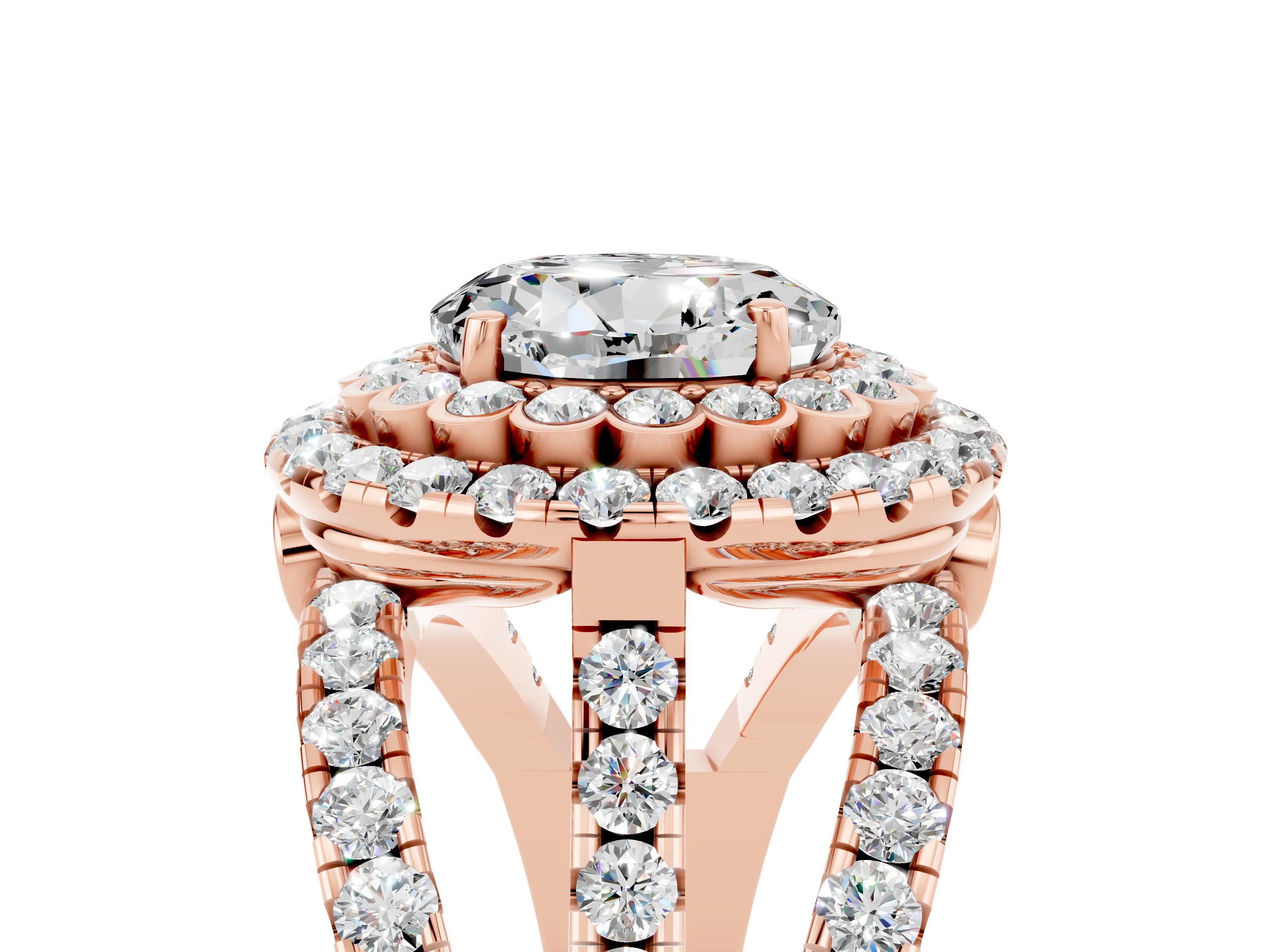 Rose gold Double Halo Round Cut Diamond Split Shank Pave Set Ring_5