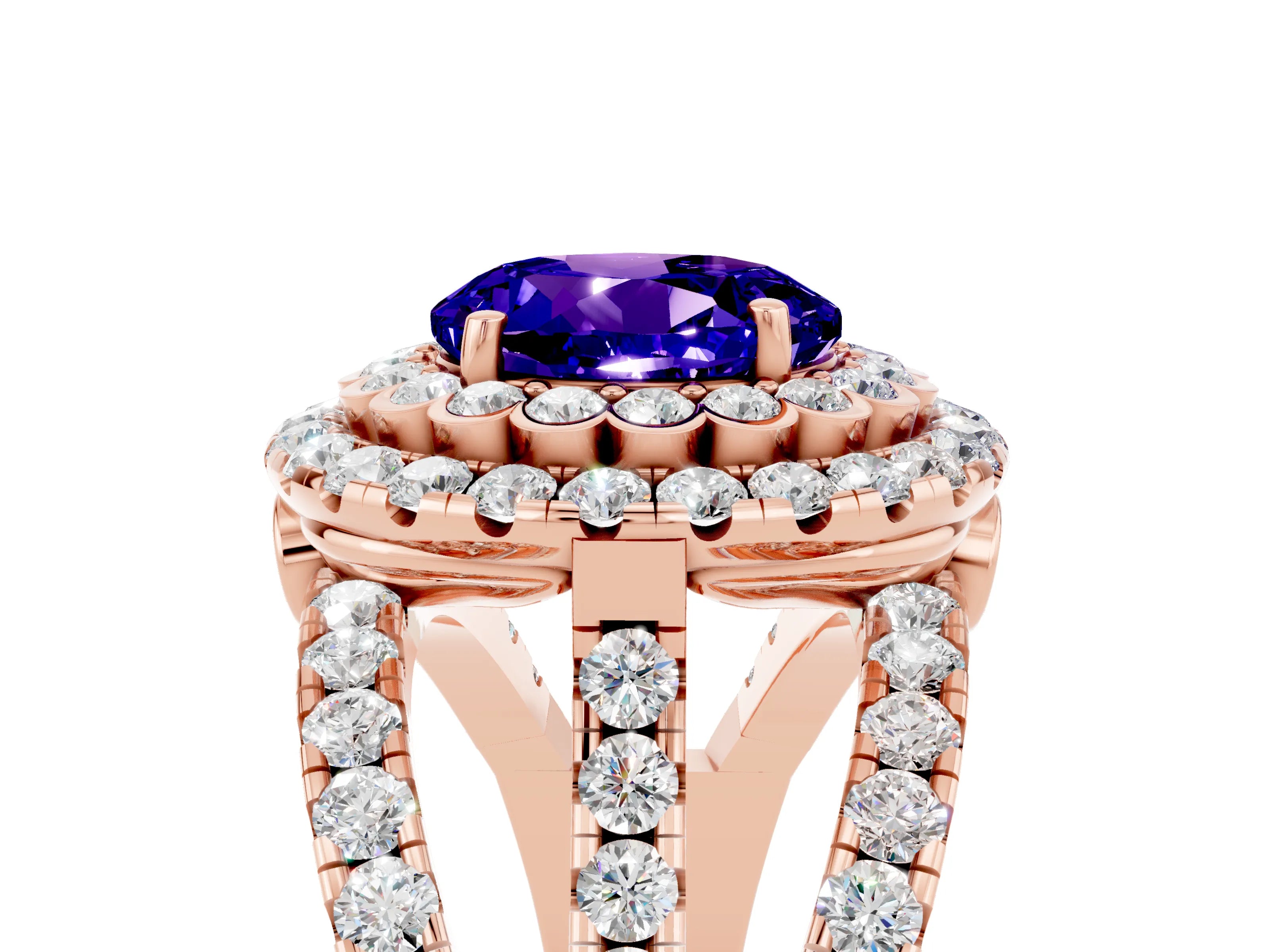 Rose gold Double Halo Round Cut Diamond Split Shank Pave Set Ring_5