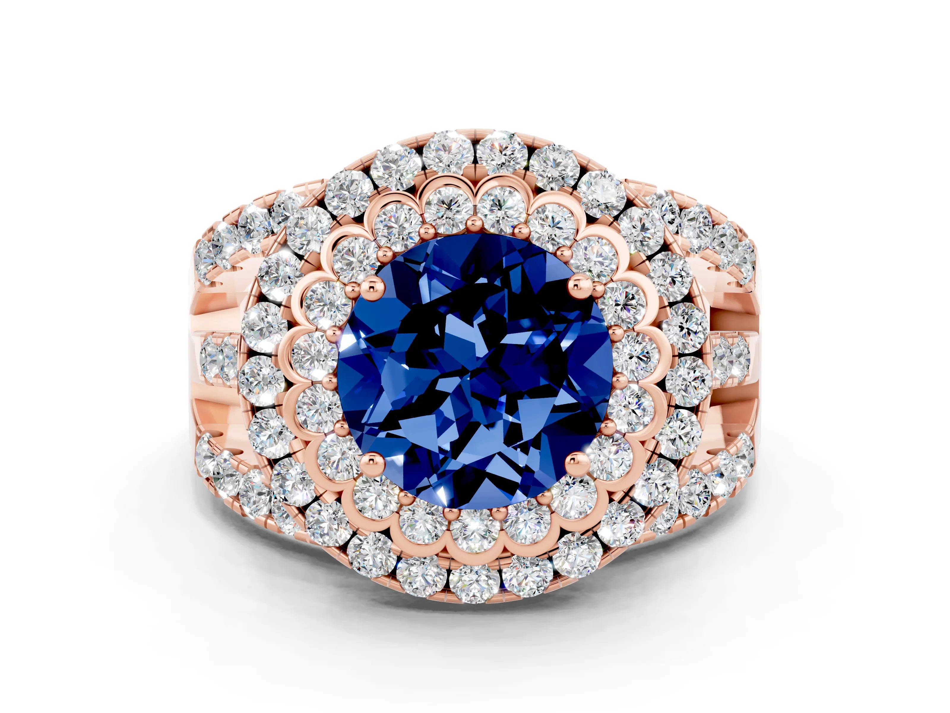 Rose gold Double Halo Round Cut Diamond Split Shank Pave Set Ring