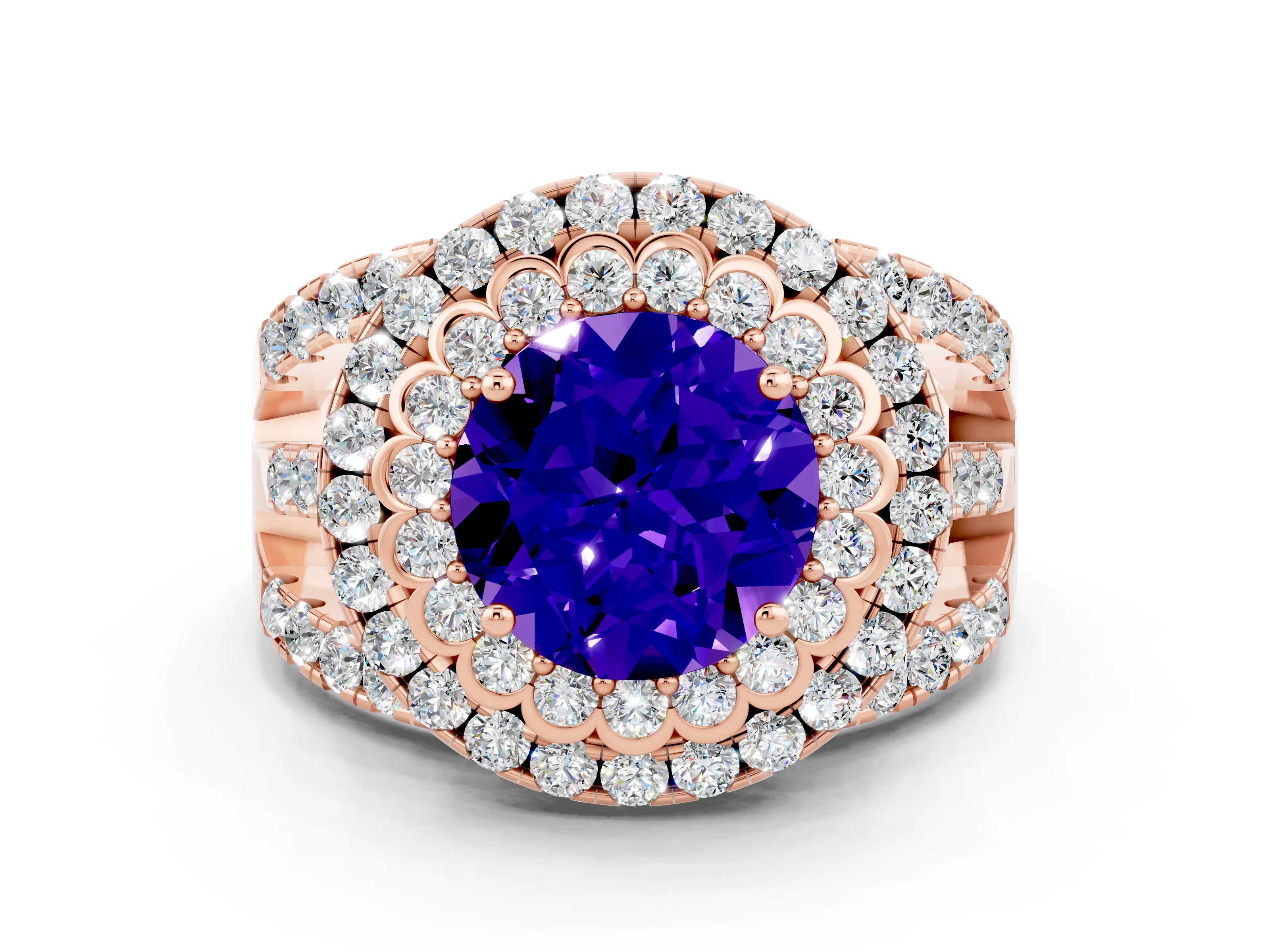 Rose gold Double Halo Round Cut Diamond Split Shank Pave Set Ring