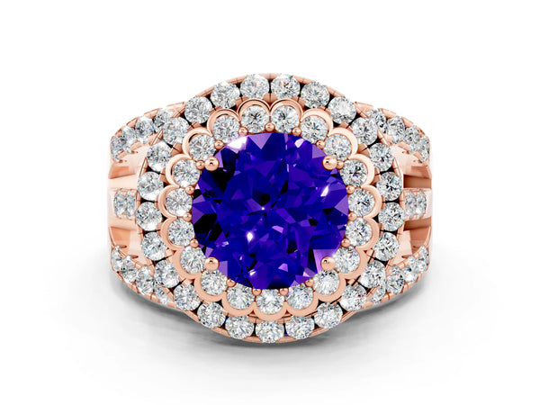 Rose gold Round Cut Tanzanite Double Halo Ring with Round Pavé Split Shank and Prong Setting