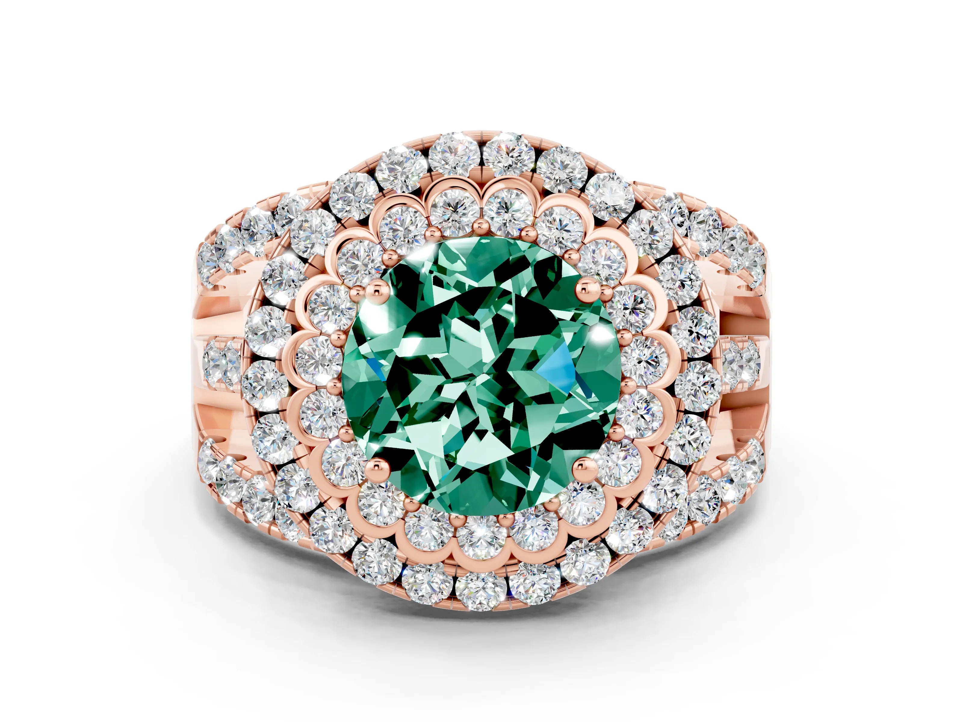 Rose gold Double Halo Round Cut Diamond Split Shank Pave Set Ring
