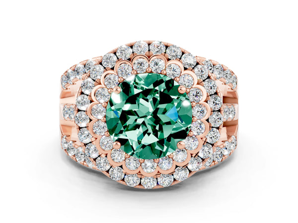 Rose gold Round Cut Green Sapphire Double Halo Ring with Round Pavé Split Shank and Prong Setting