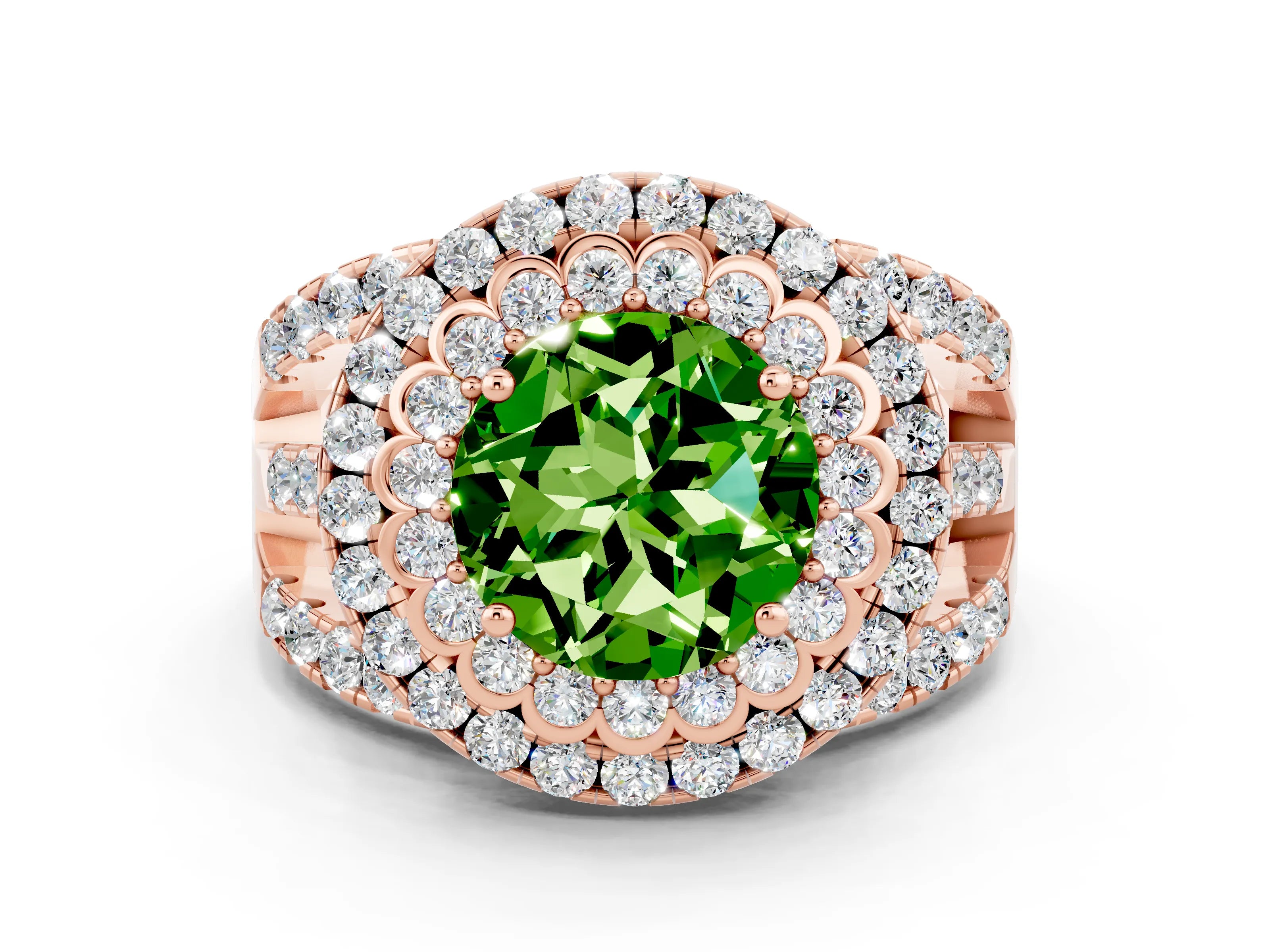 Rose gold Double Halo Round Cut Diamond Split Shank Pave Set Ring