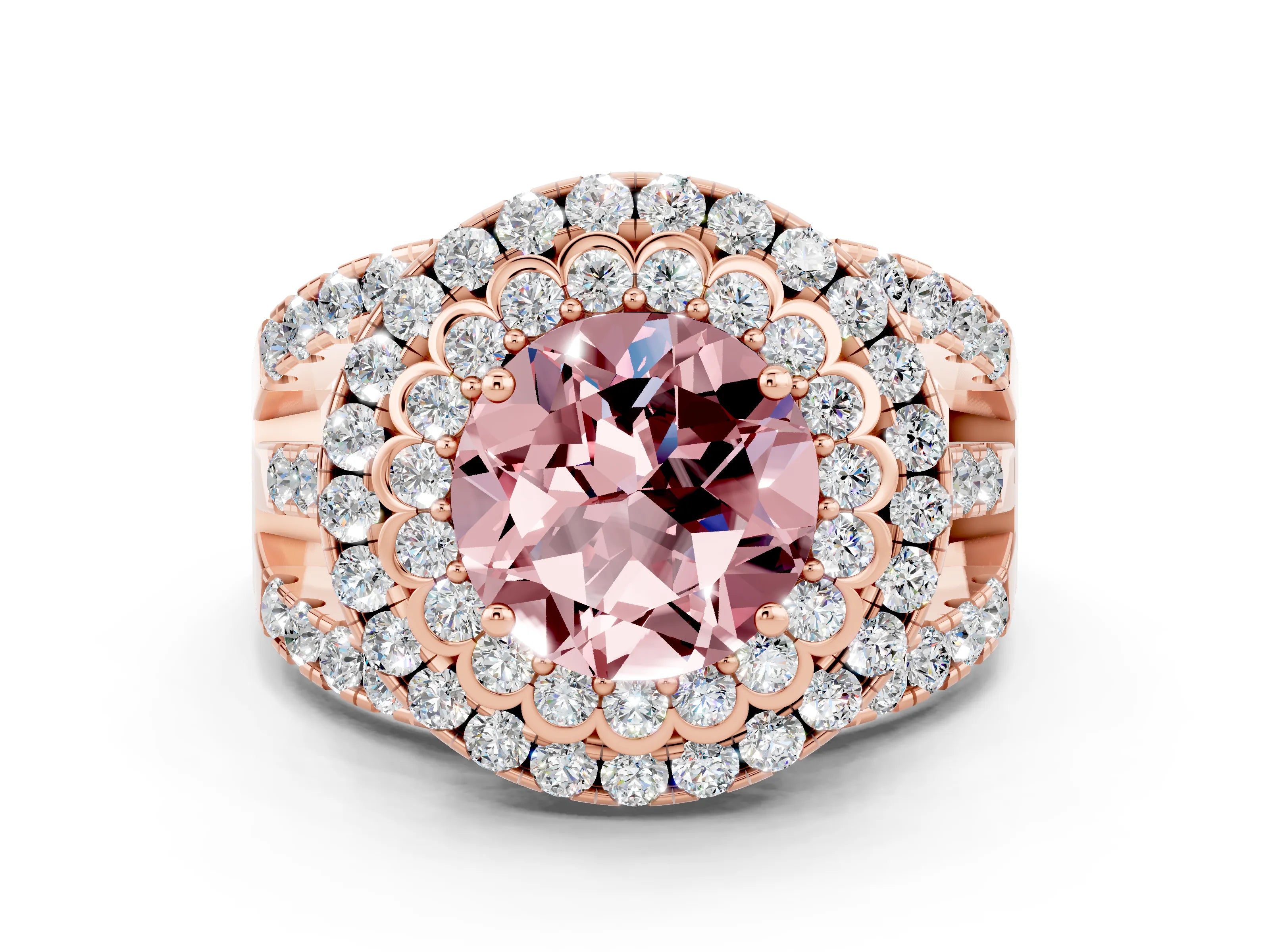 Rose gold Double Halo Round Cut Diamond Split Shank Pave Set Ring