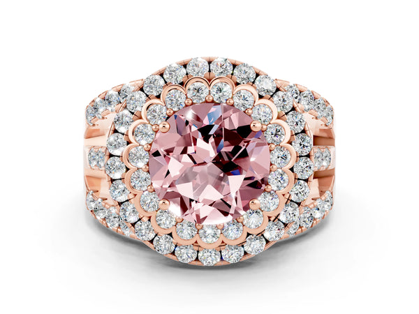 Rose gold Double Halo Round Cut Diamond Split Shank Pave Set Ring
