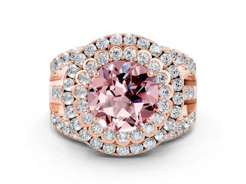 Rose gold Double Halo Round Cut Diamond Split Shank Pave Set Ring