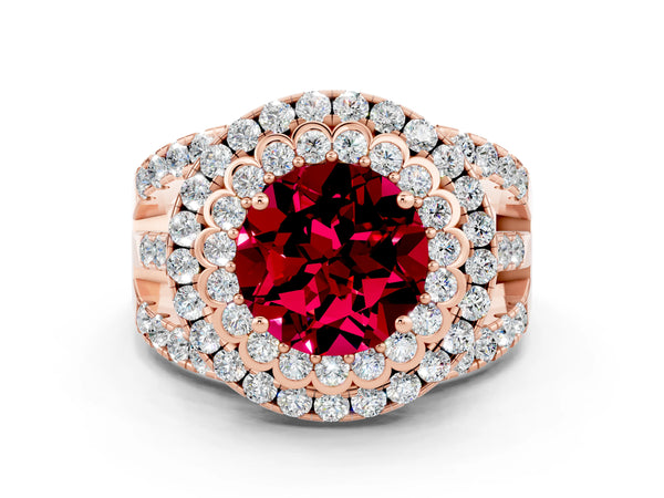 Rose gold Round Cut Garnet Double Halo Ring with Round Pavé Split Shank and Prong Setting