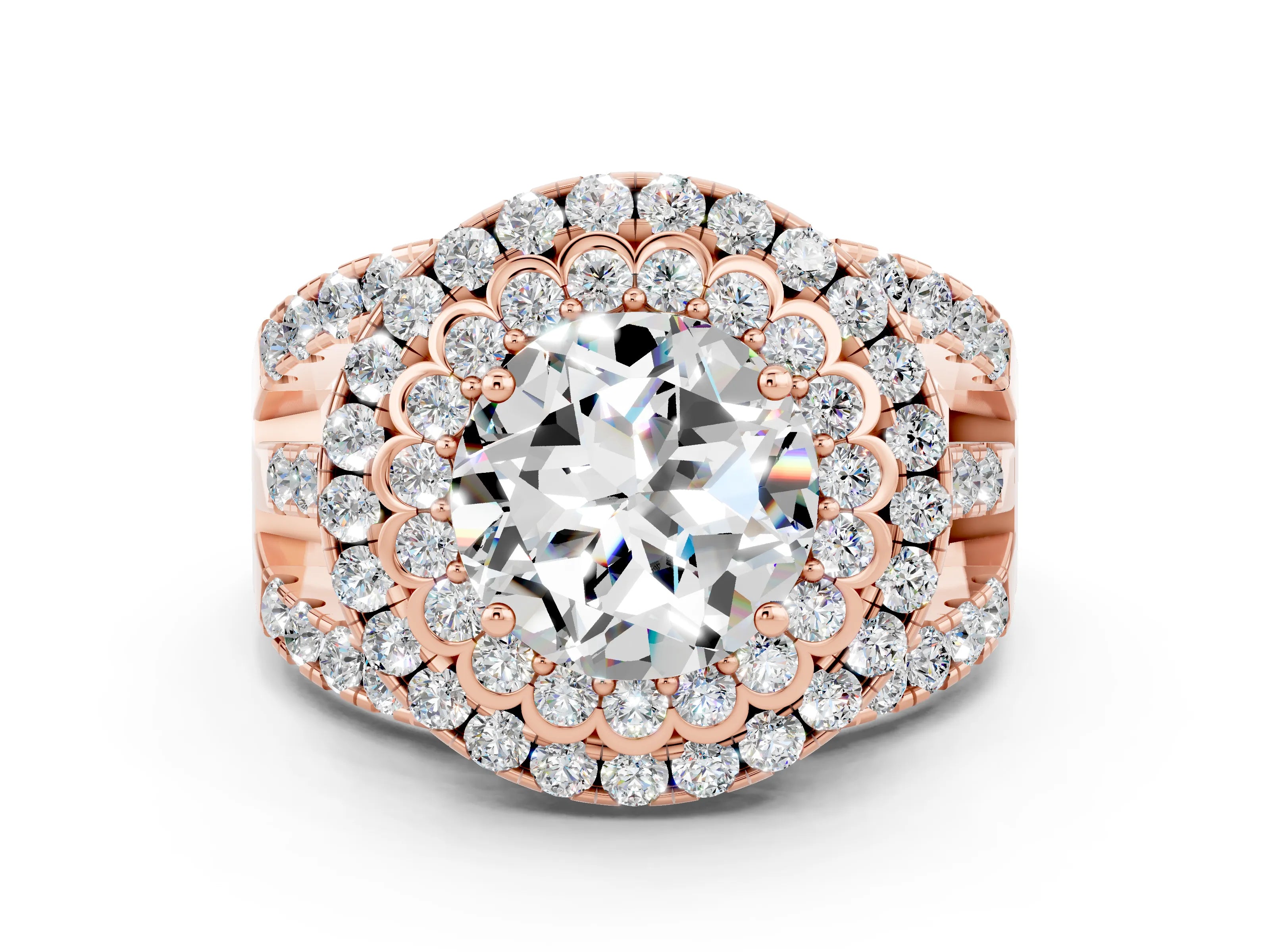 Rose gold Double Halo Round Cut Diamond Split Shank Pave Set Ring