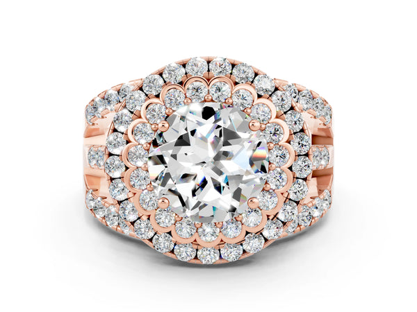 Rose gold Round Cut Moissanite Double Halo Ring with Round Pavé Split Shank and Prong Setting