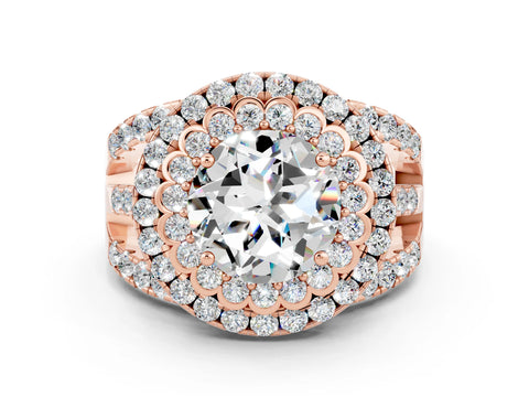 Rose gold Double Halo Round Cut Diamond Split Shank Pave Set Ring