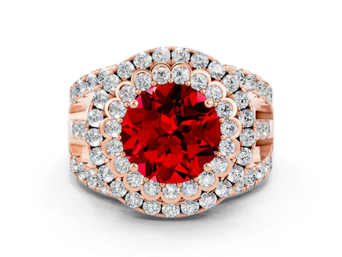 Rose gold Double Halo Round Cut Diamond Split Shank Pave Set Ring