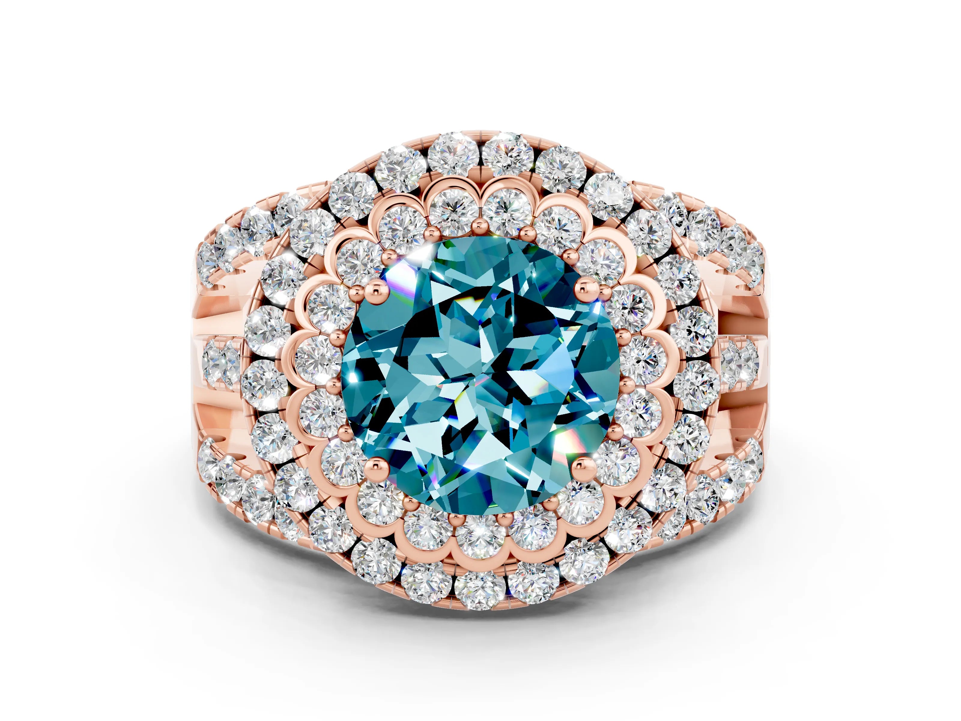 Rose gold Double Halo Round Cut Diamond Split Shank Pave Set Ring