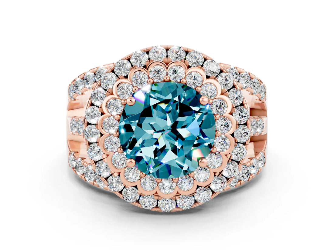 Rose gold Double Halo Round Cut Diamond Split Shank Pave Set Ring