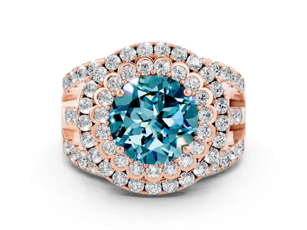 Rose gold Double Halo Round Cut Diamond Split Shank Pave Set Ring