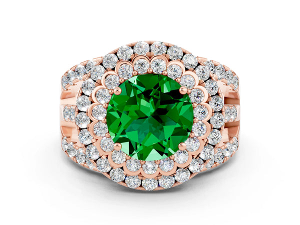 Rose gold Round Cut Emerald Double Halo Ring with Round Pavé Split Shank and Prong Setting