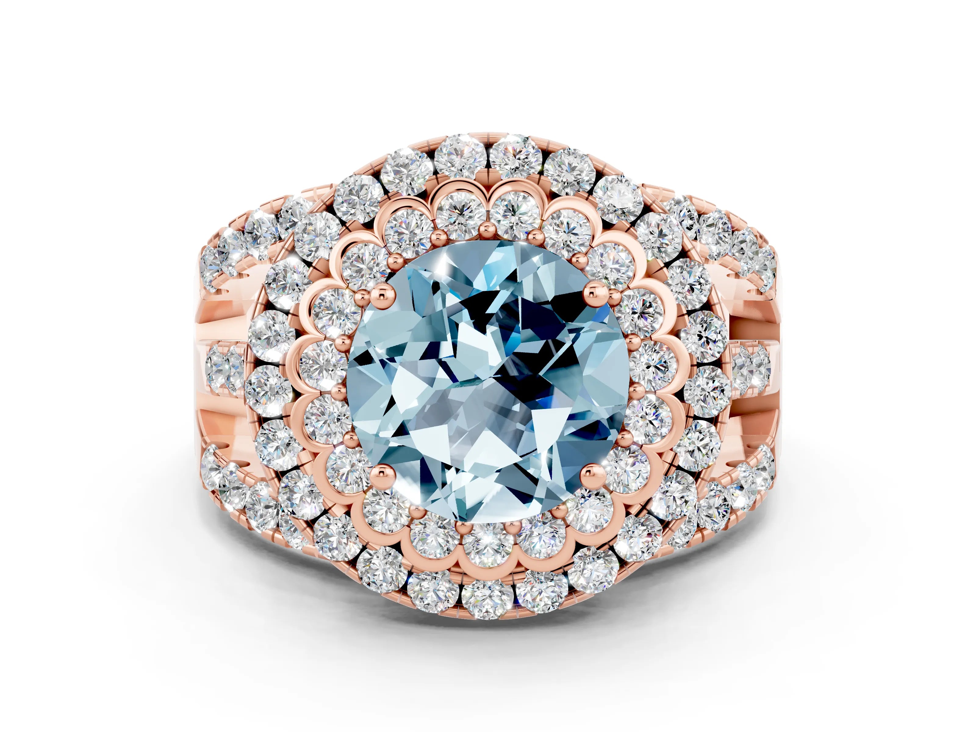 Rose gold Double Halo Round Cut Diamond Split Shank Pave Set Ring
